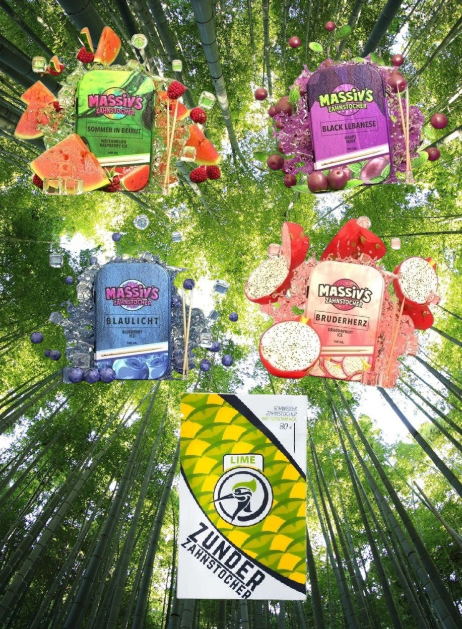Bundle 5x Zahnstocher 4x Massiv Water Grape Blue Dragon Geschmack + 1x Zunder Lime