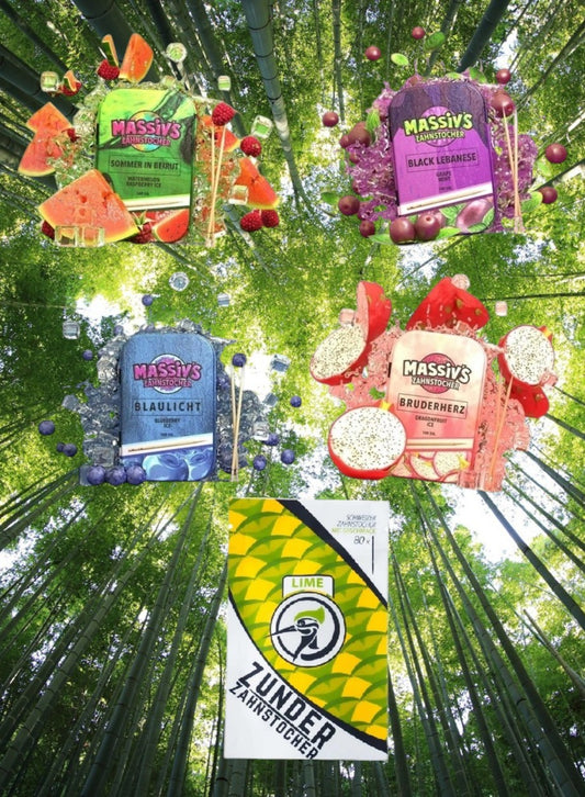 Bundle 5x Zahnstocher 4x Massiv Water Grape Blue Dragon Geschmack + 1x Zunder Lime
