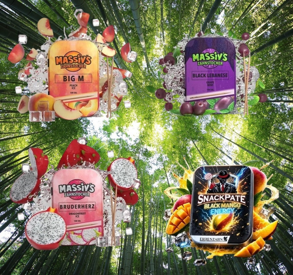 Bundle 4x Zahnstocher 3x Massiv Geschmack Peach, Grape + 1x Snackpate Ehrenzahn Mango Energy