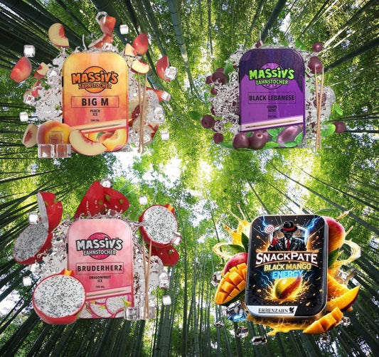 Bundle 4x Zahnstocher 3x Massiv Geschmack Peach, Grape + 1x Snackpate Ehrenzahn Mango Energy