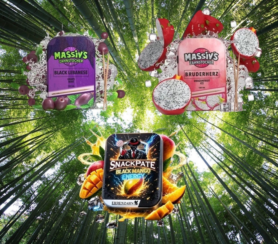 Bundle 3x Zahnstocher 2x Massiv Geschmack Grape, Dragon + 1x Snackpate Ehrenzahn Mango Energy