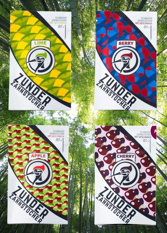 4 x Zunder Zahnstocher mit Geschmack Lime Berry Apple Cherry -  je 80 im Bag