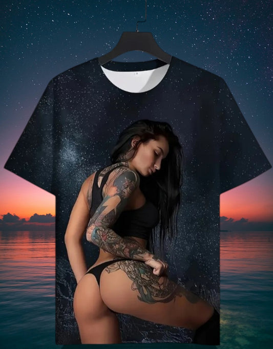 T Shirt 3D Druck Sexy Frau mit Tattoo Sternennacht Grafik kurzarm Größe 2XL Übergröße